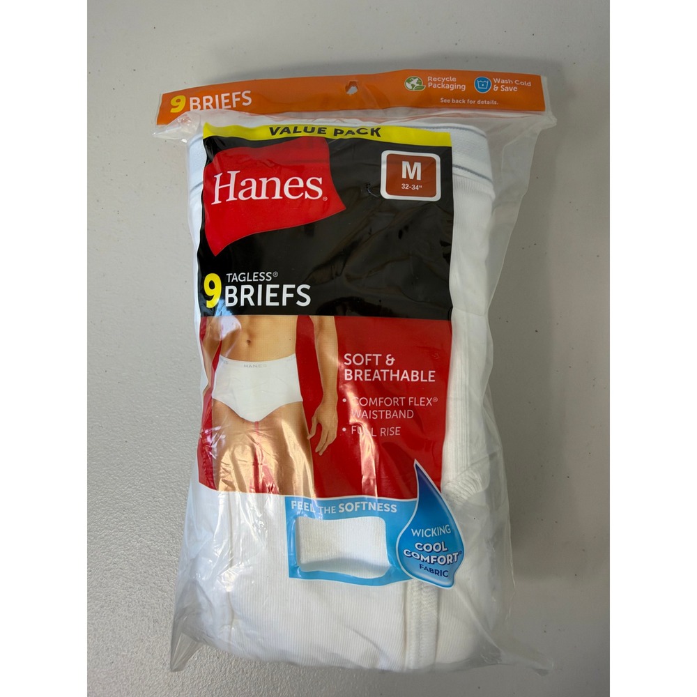 Hanes Briefs Medium 32 34 White Tagless Cool Comfort Full Rise 9 Pack